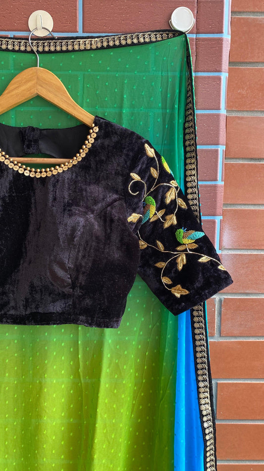Hand worked velvet ready to wear sleeved designer Blouse - Threads