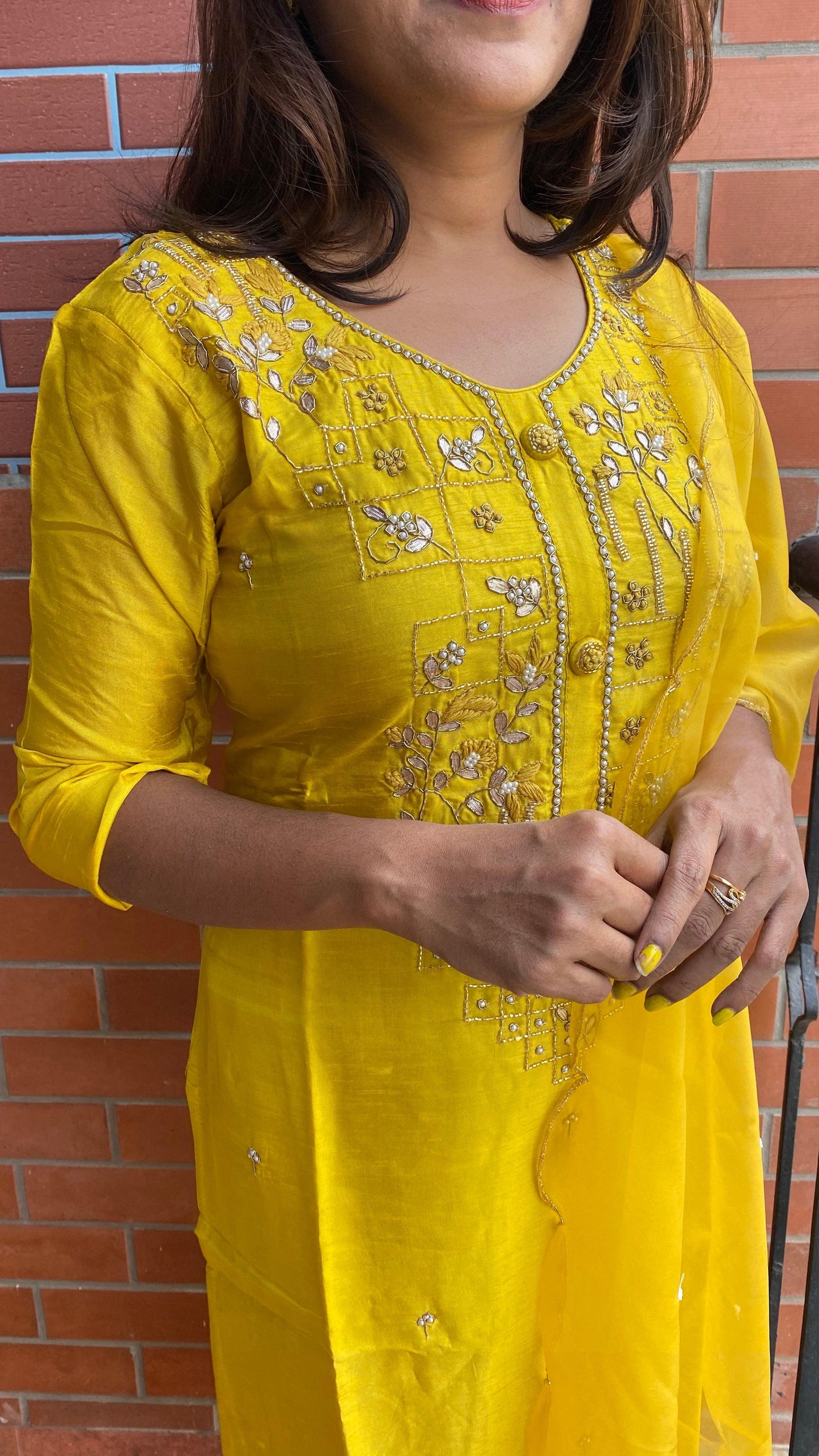 Yellow Heavy Zari and pearl handwork top and Duppata kurti set - Threads