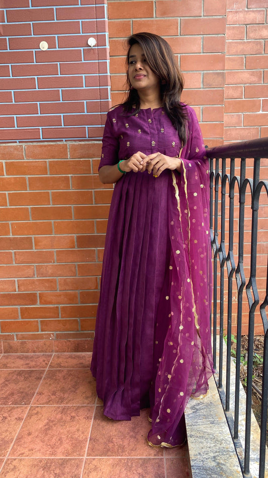 Wine silk salwar full hand worked top and sleeve worked dress - Threads