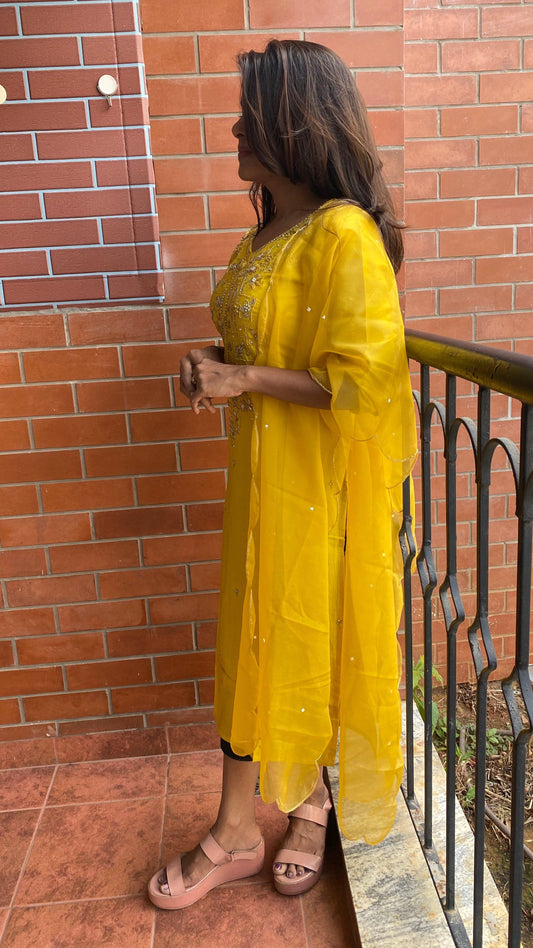 Yellow Heavy Zari and pearl handwork top and Duppata kurti set - Threads