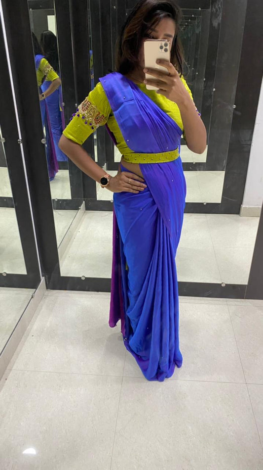 Blue Malai Silk saree with heavy hand worked blouse - Threads