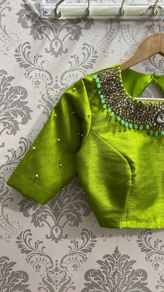 Parrot green silk blouse with Jewel Neck handworks - Threads