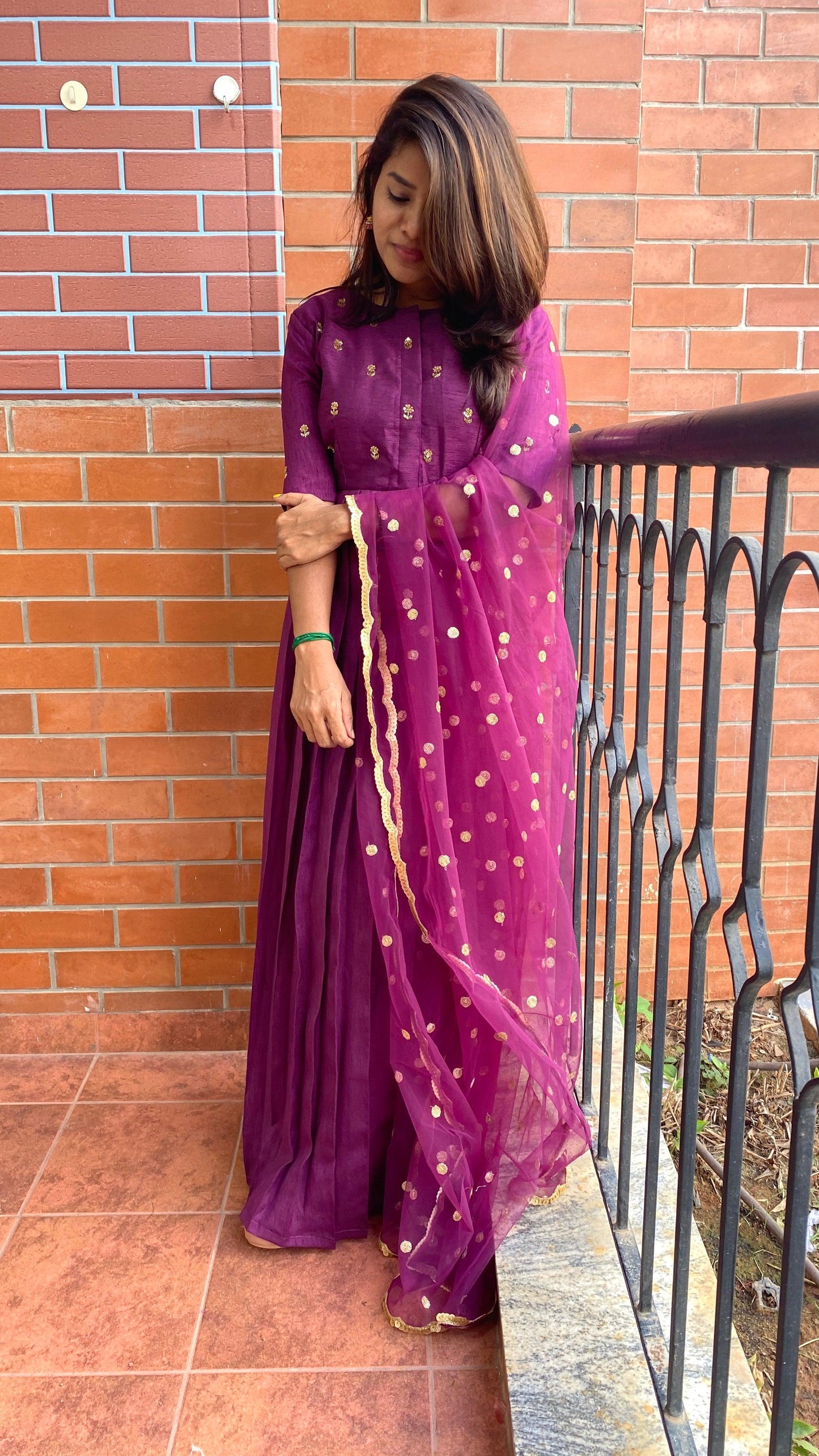 Wine silk salwar full hand worked top and sleeve worked dress - Threads