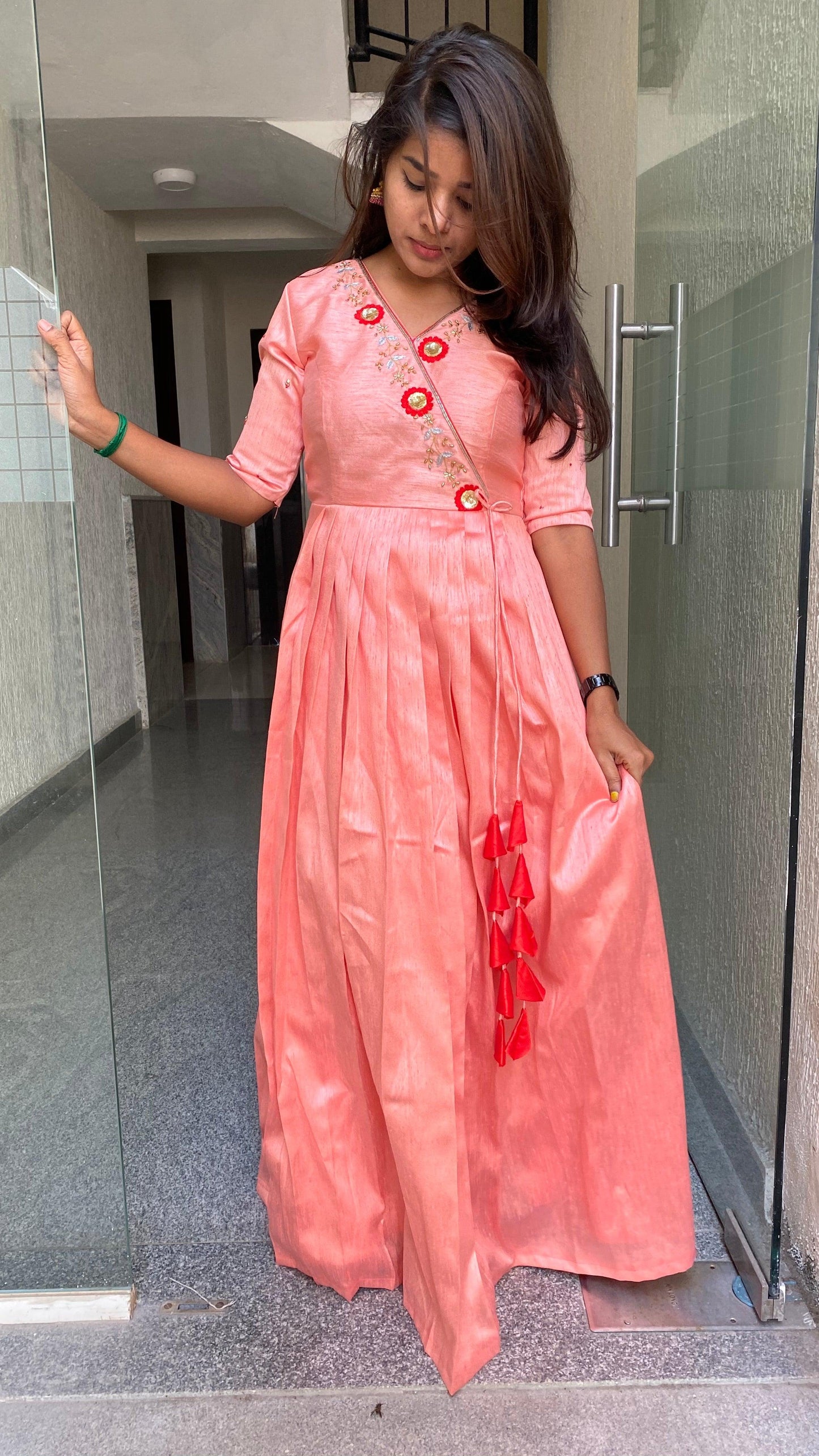 Peach silk Full handworked V neck salwar Dress - Threads