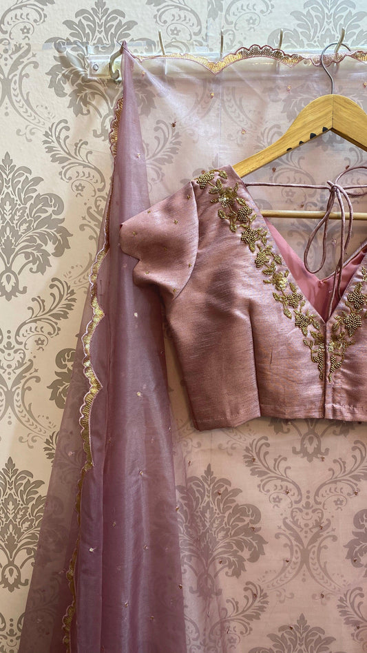 Onion pink silk heavy V shaped hand worked blouse - Threads