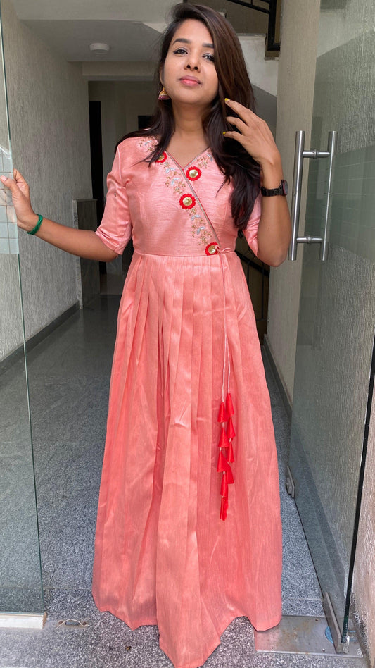 Peach silk Full handworked V neck salwar Dress - Threads