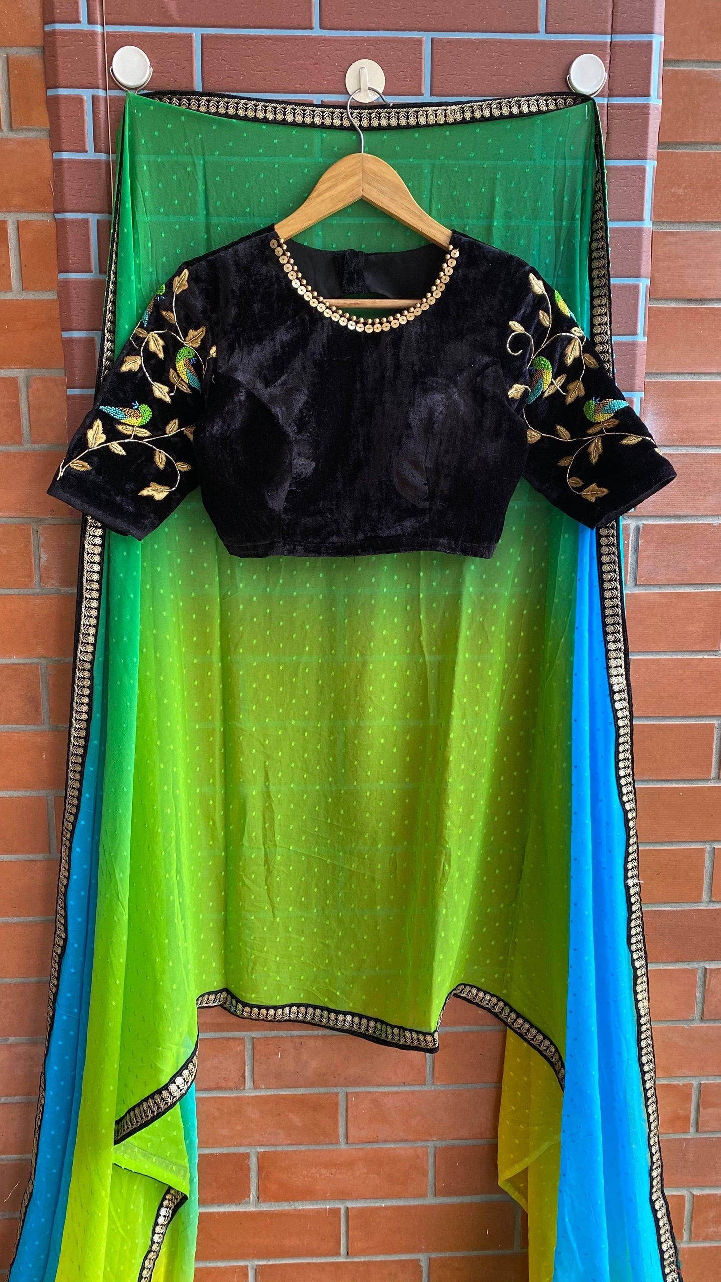 Hand worked velvet ready to wear sleeved designer Blouse - Threads