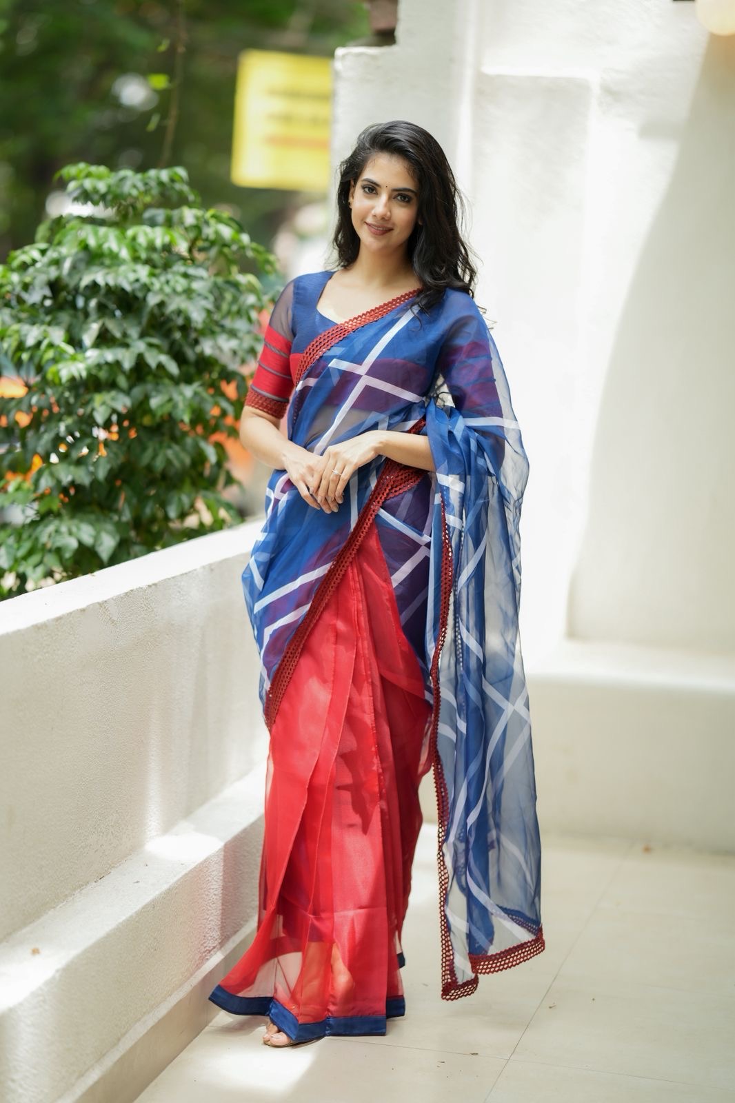 Blue maroon organza saree with patterned blouse