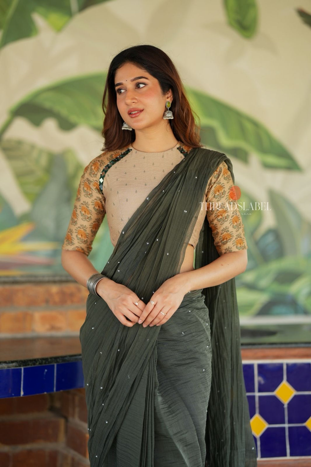 Bottle green mul chanderi saree with mirror work blouse
