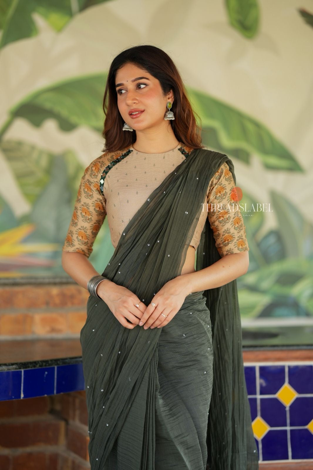 Bottle green mul chanderi saree with mirror work blouse