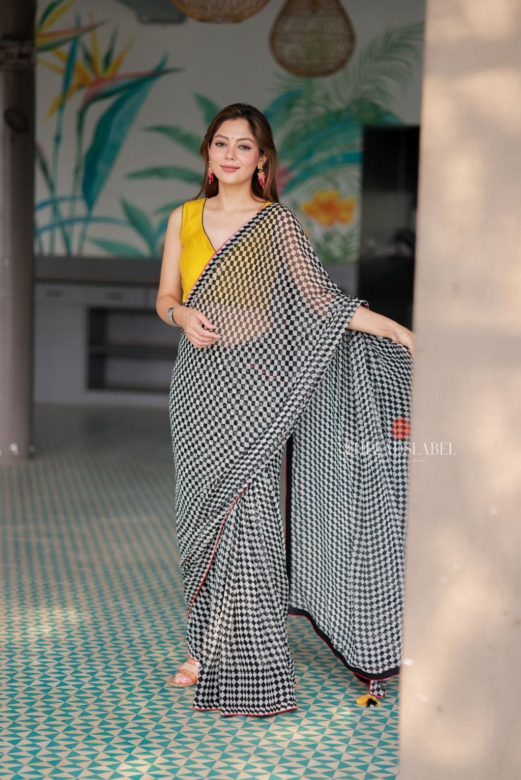 Black & white matrix chiffon saree with chess blouse