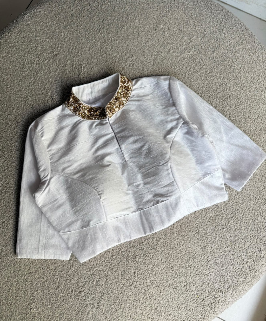 White silk collar hand work blouse