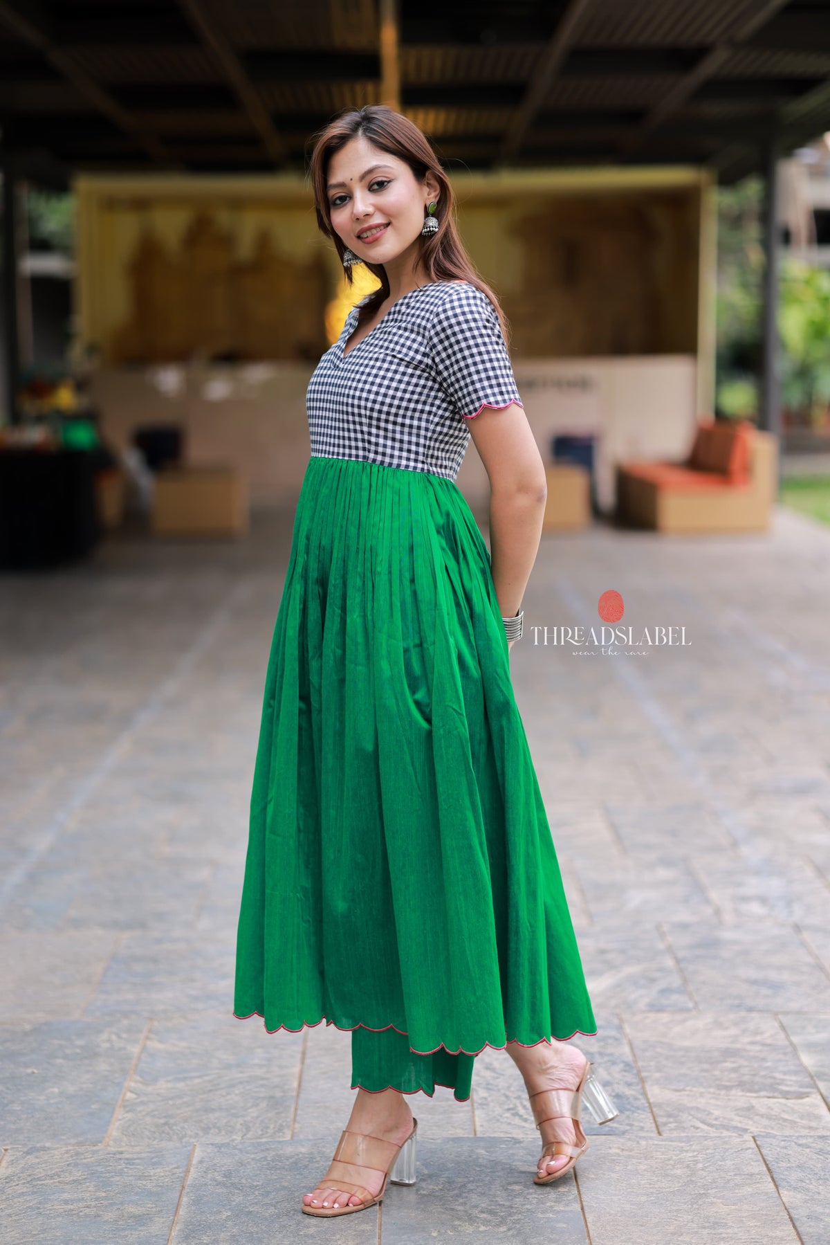 Grey green anarkali kurti set