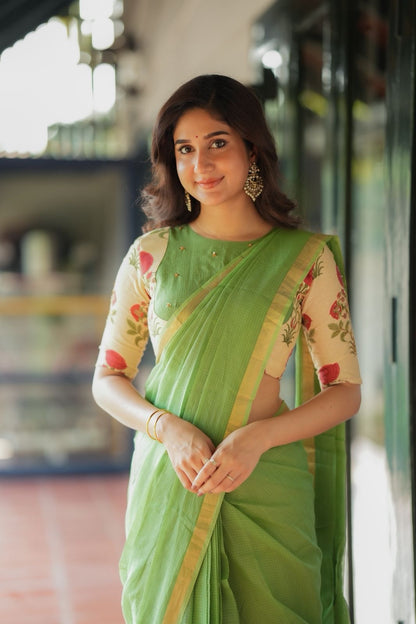 Cream cotton print hand work blouse(only blouse)