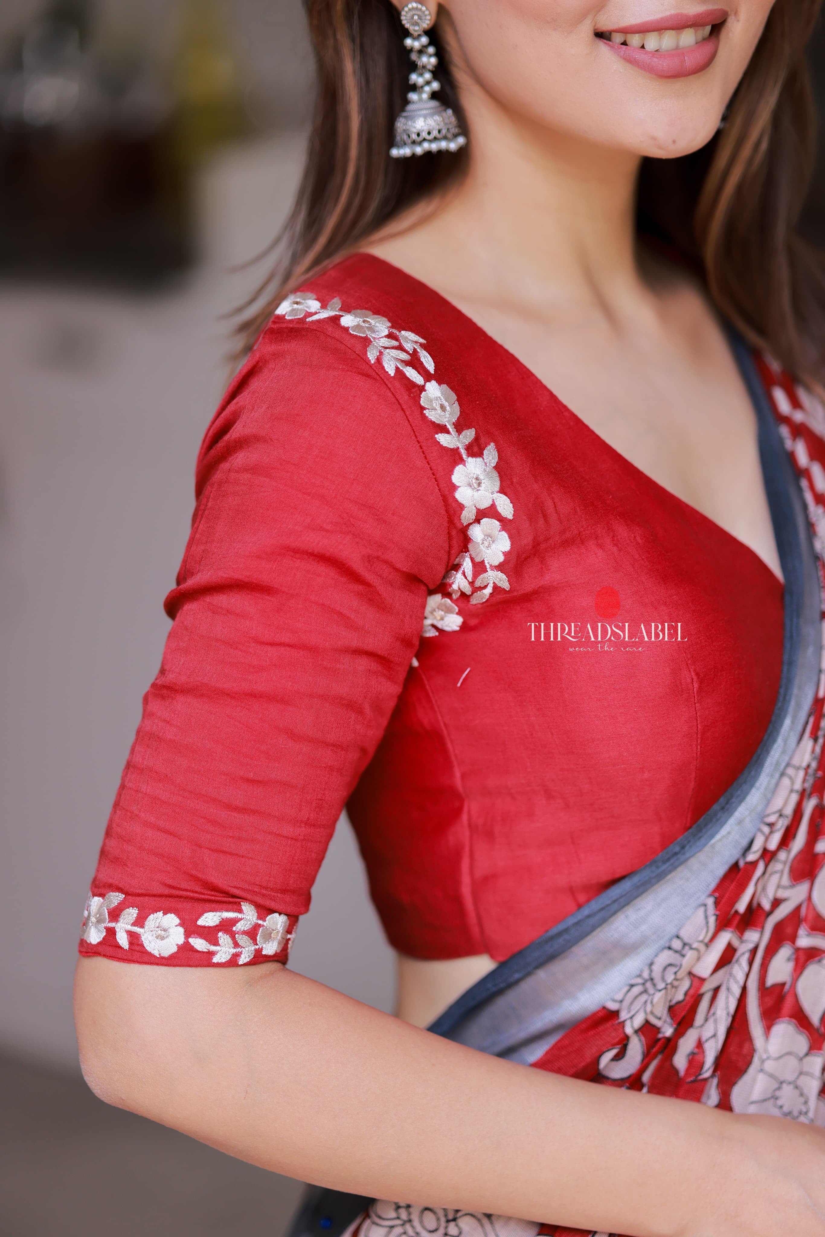 Reddish maroon linen cotton kalamkari saree with embroidery blouse