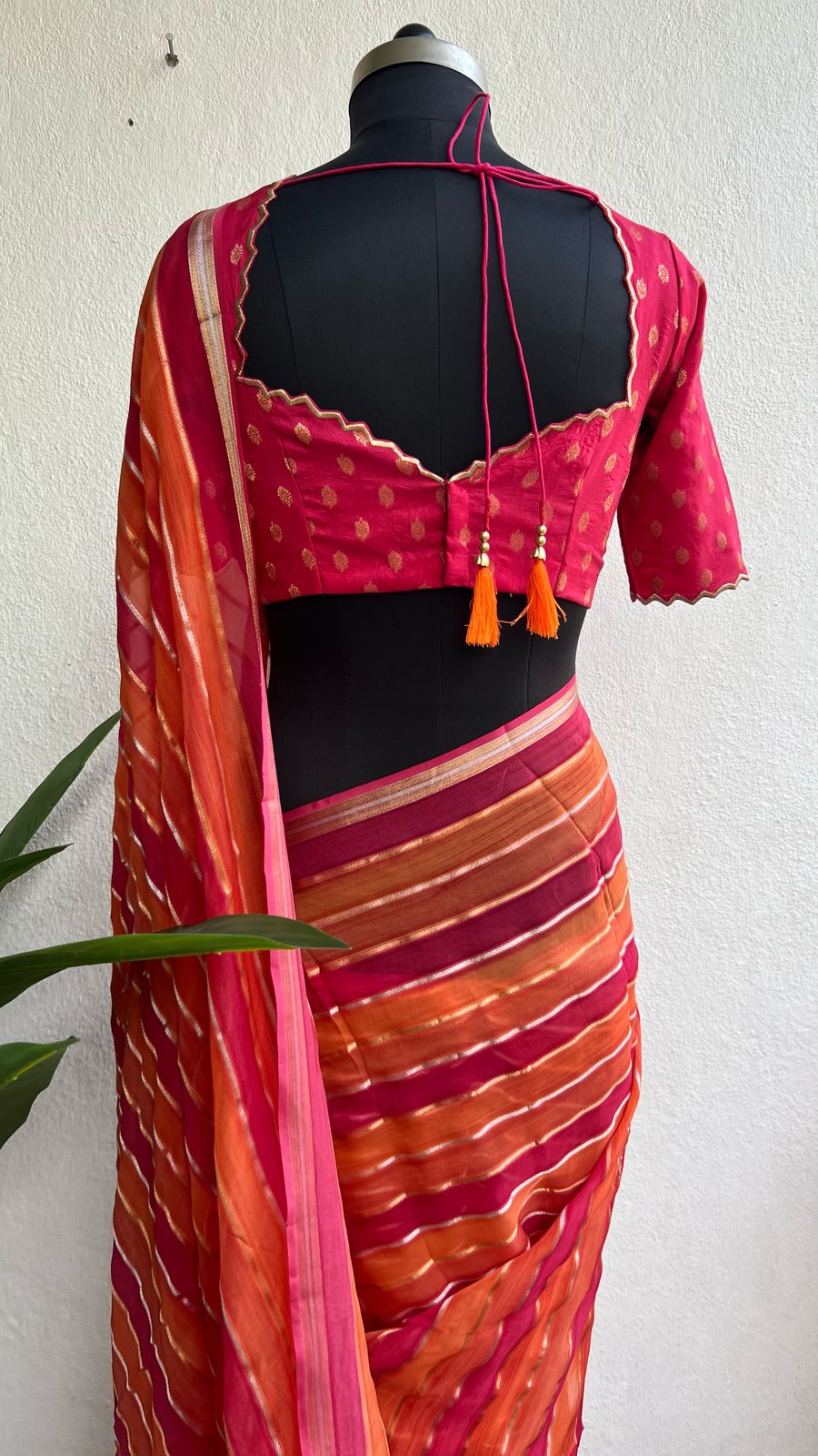 Pink & orange stripped soft organza saree with banarasi hand work blouse