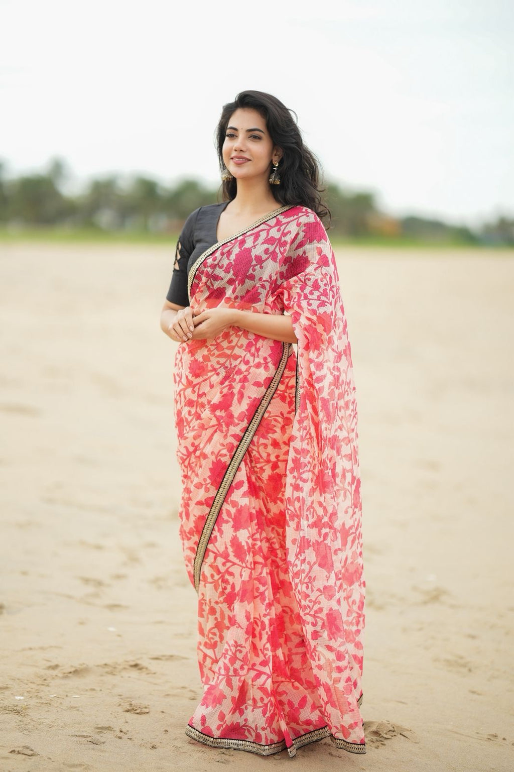Cream red kota saree with silk hand work blouse