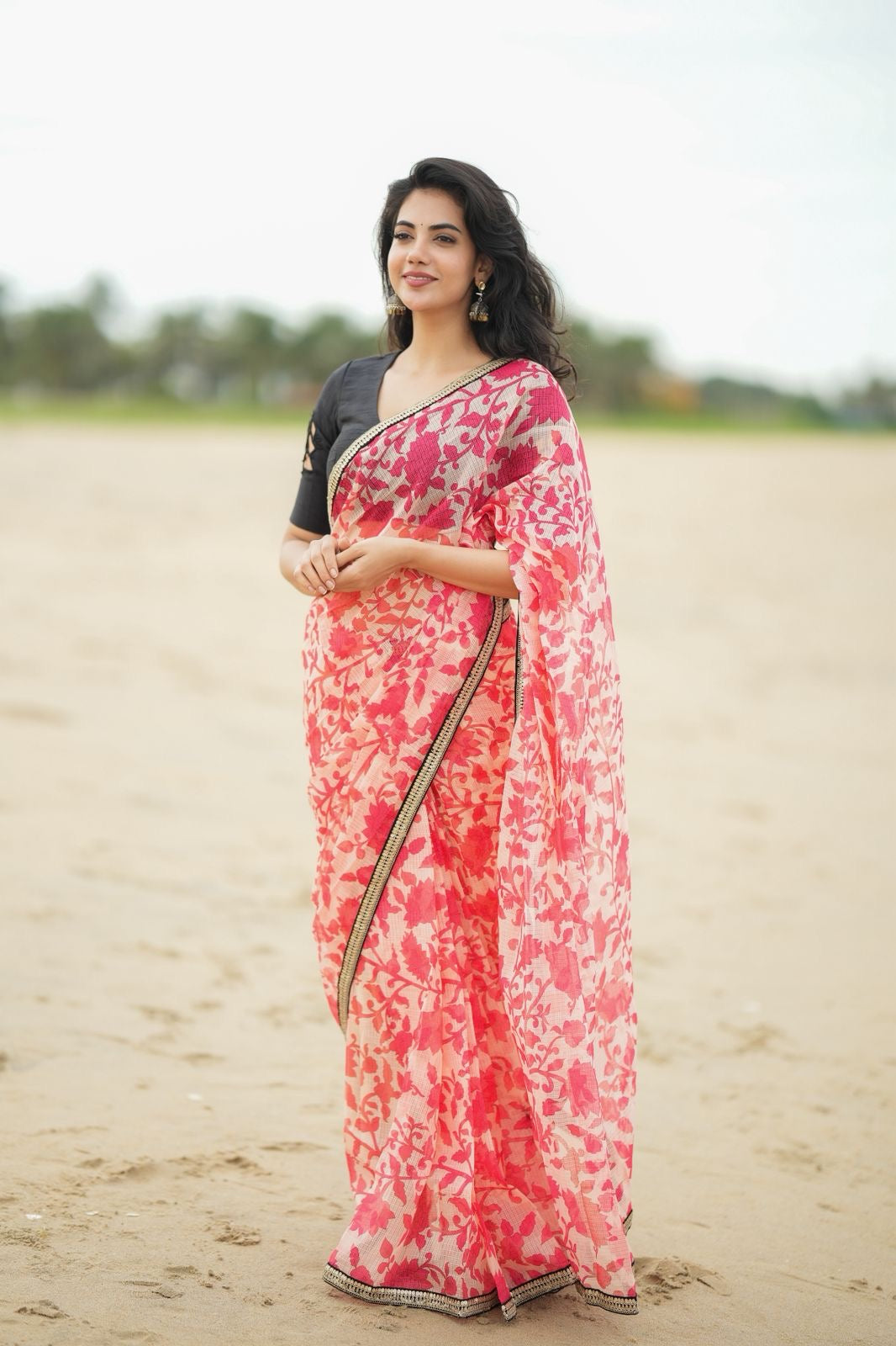 Cream red kota saree with silk hand work blouse