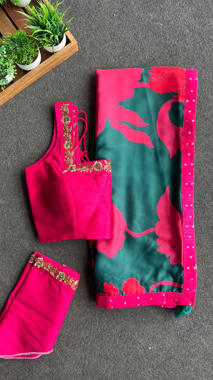 Peacock pink & green saree with green handwork blouse