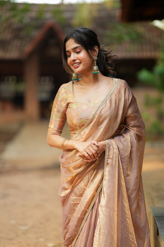 Golden peach glass tissue saree with banarasi blouse