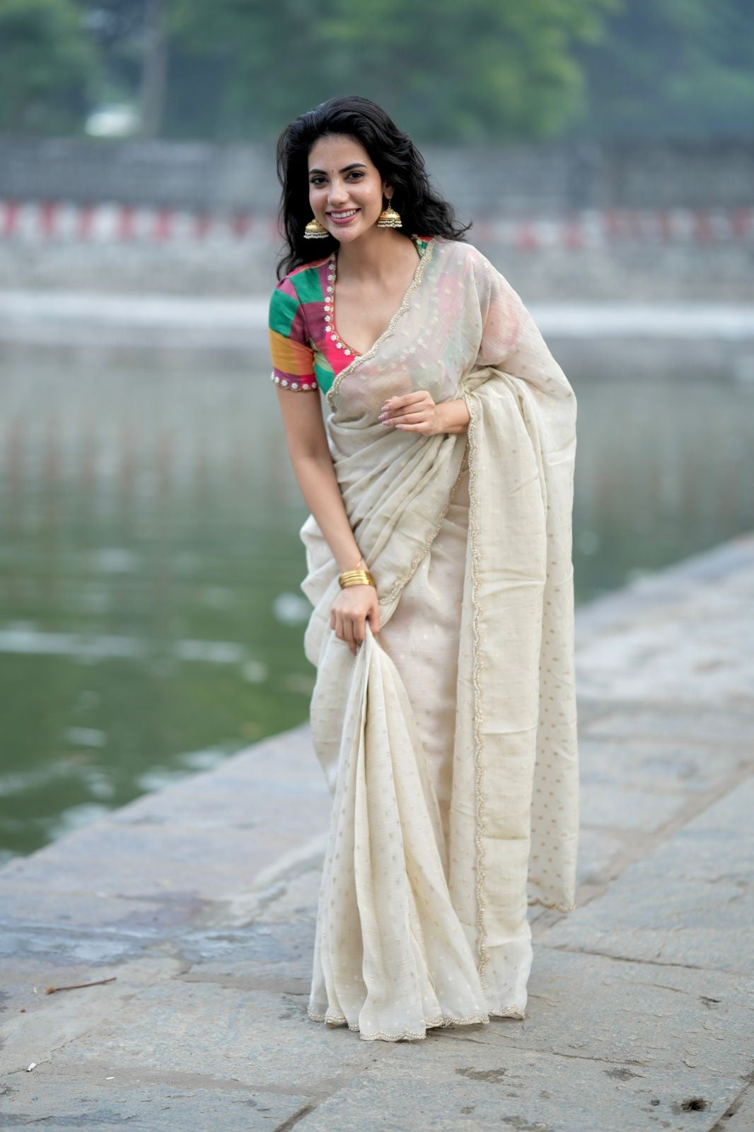 Beige georgette tissue saree with multi hand work blouse