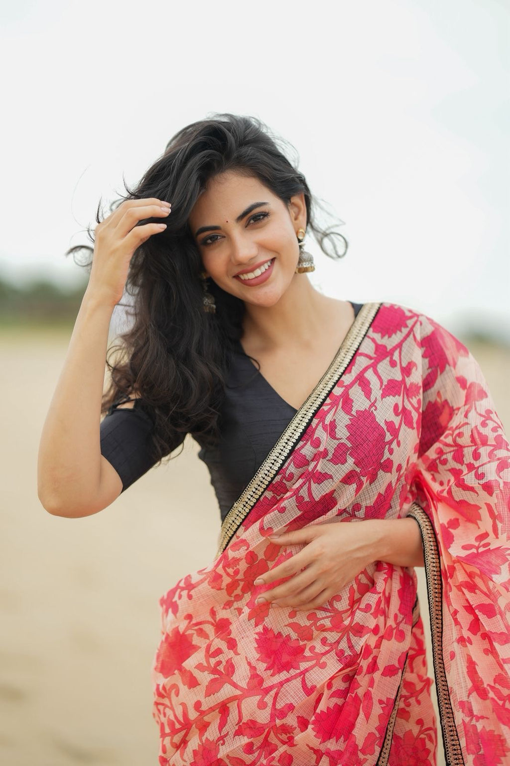 Cream red kota saree with silk hand work blouse