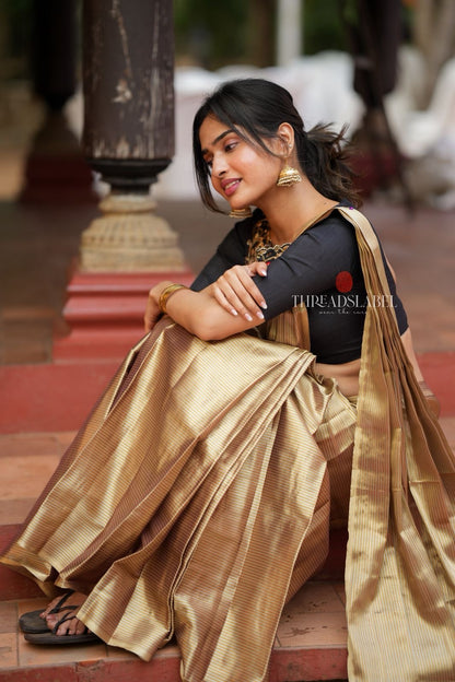 Golden tissue saree with black hand work blouse