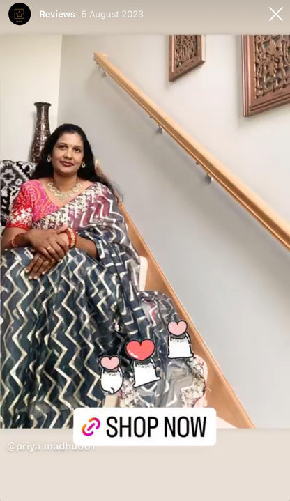 Cream organza saree with chiffon embroidery blouse