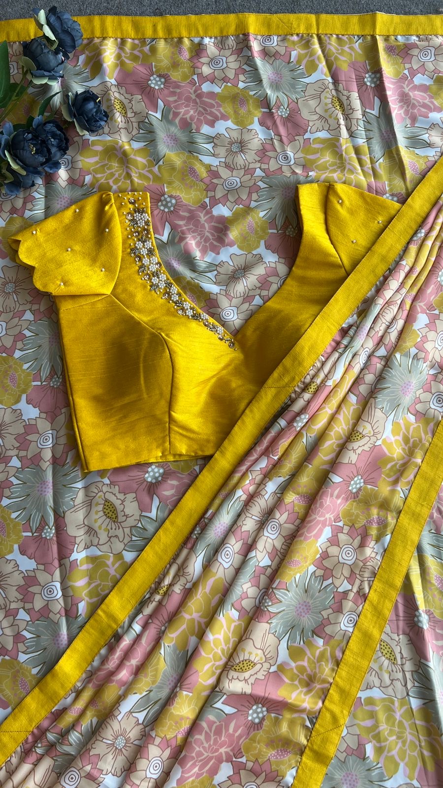 Yellow viscose floral saree with hand worked blouse