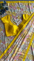 Yellow viscose floral saree with hand worked blouse