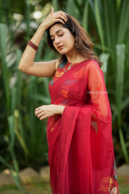 Maroon soft organza saree with kalamkari blouse