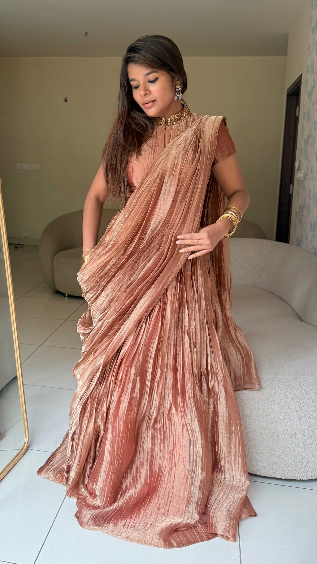 Copper tissue hand work lehenga