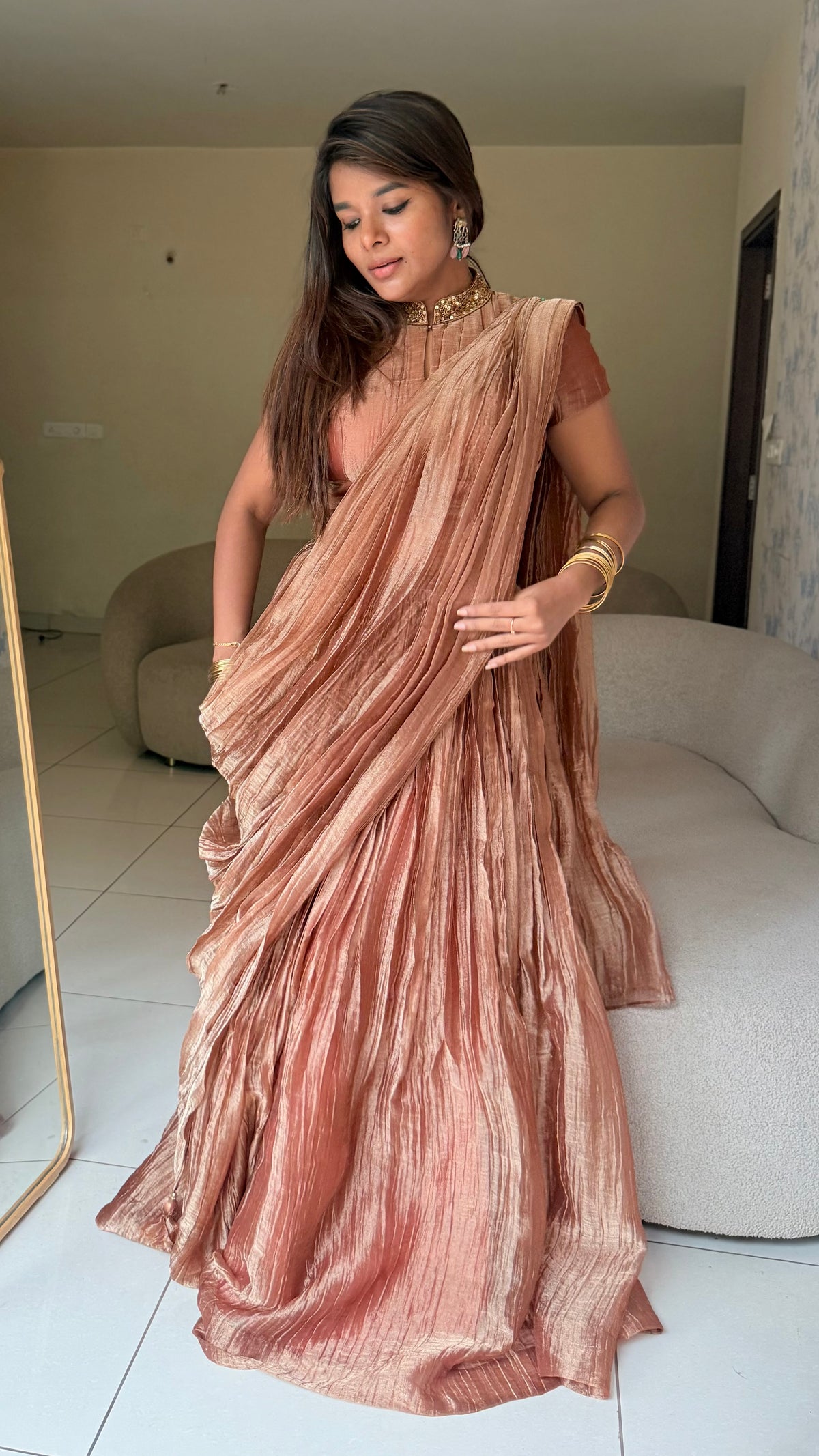 Copper tissue hand work lehenga