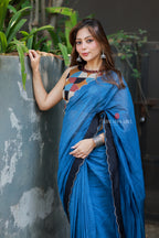 Blue mul chanderi saree with mirror work blouse