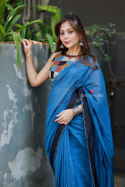 Blue mul chanderi saree with mirror work blouse