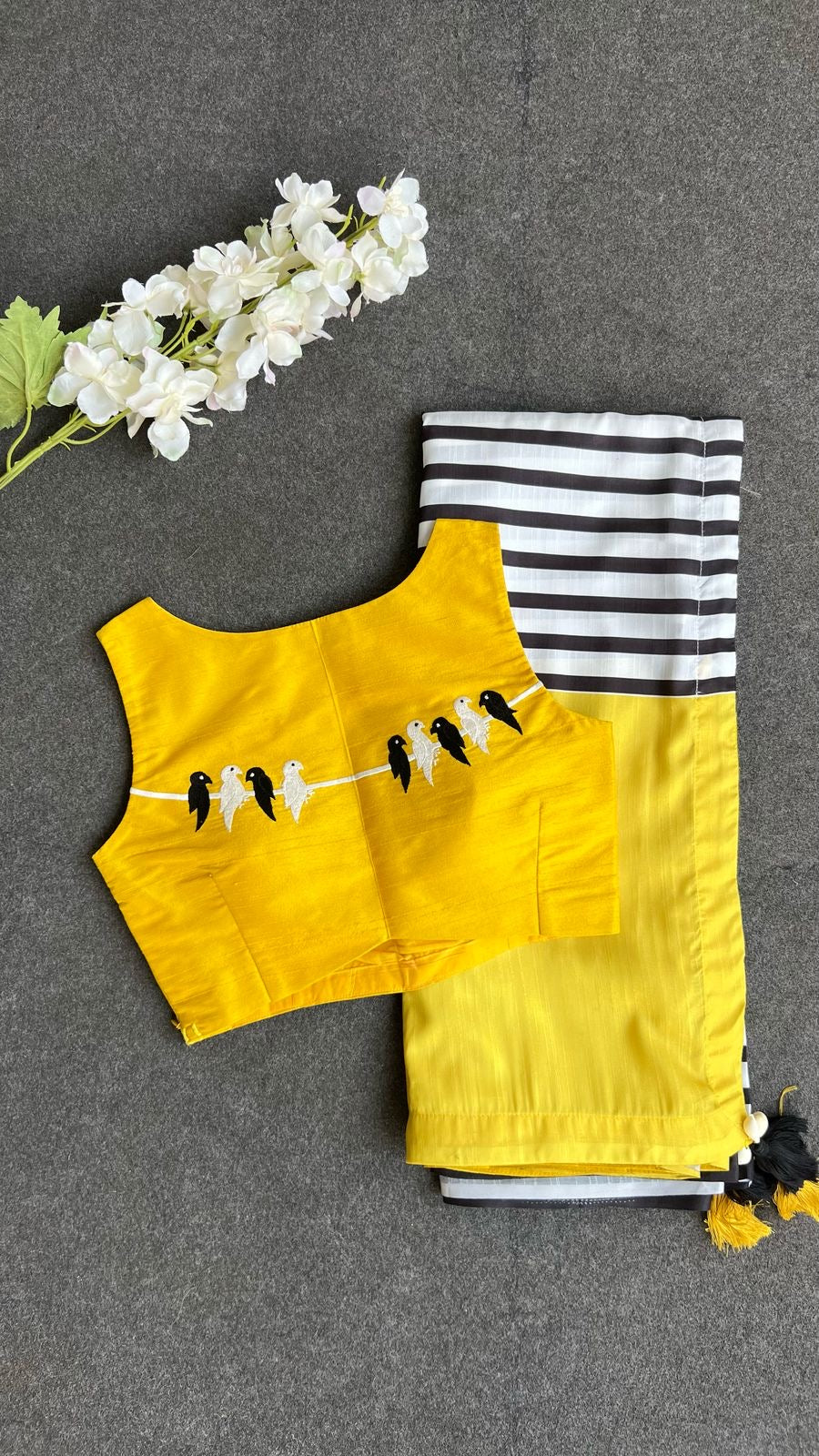 Yellow silk bird embroidery blouse
