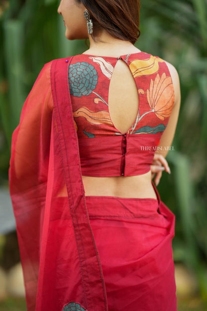 Maroon soft organza saree with kalamkari blouse