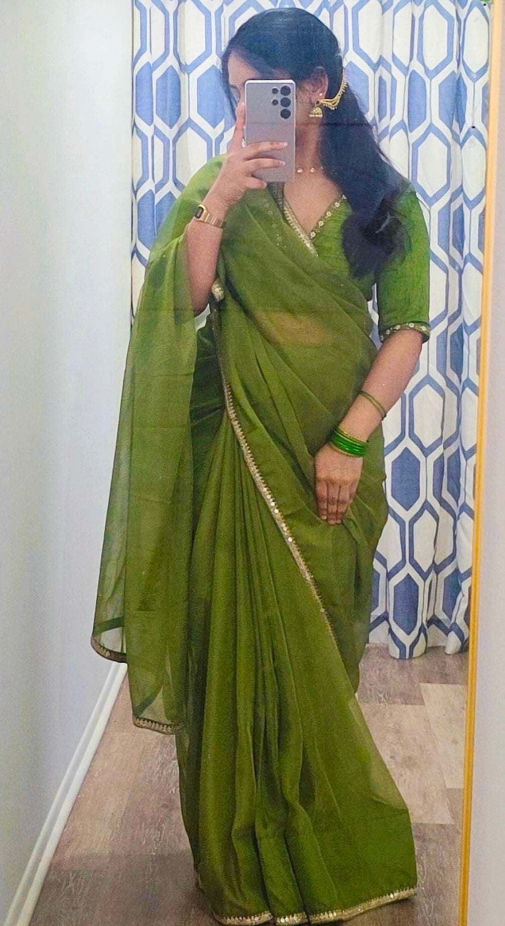 Green soft organza saree with hand worked blouse