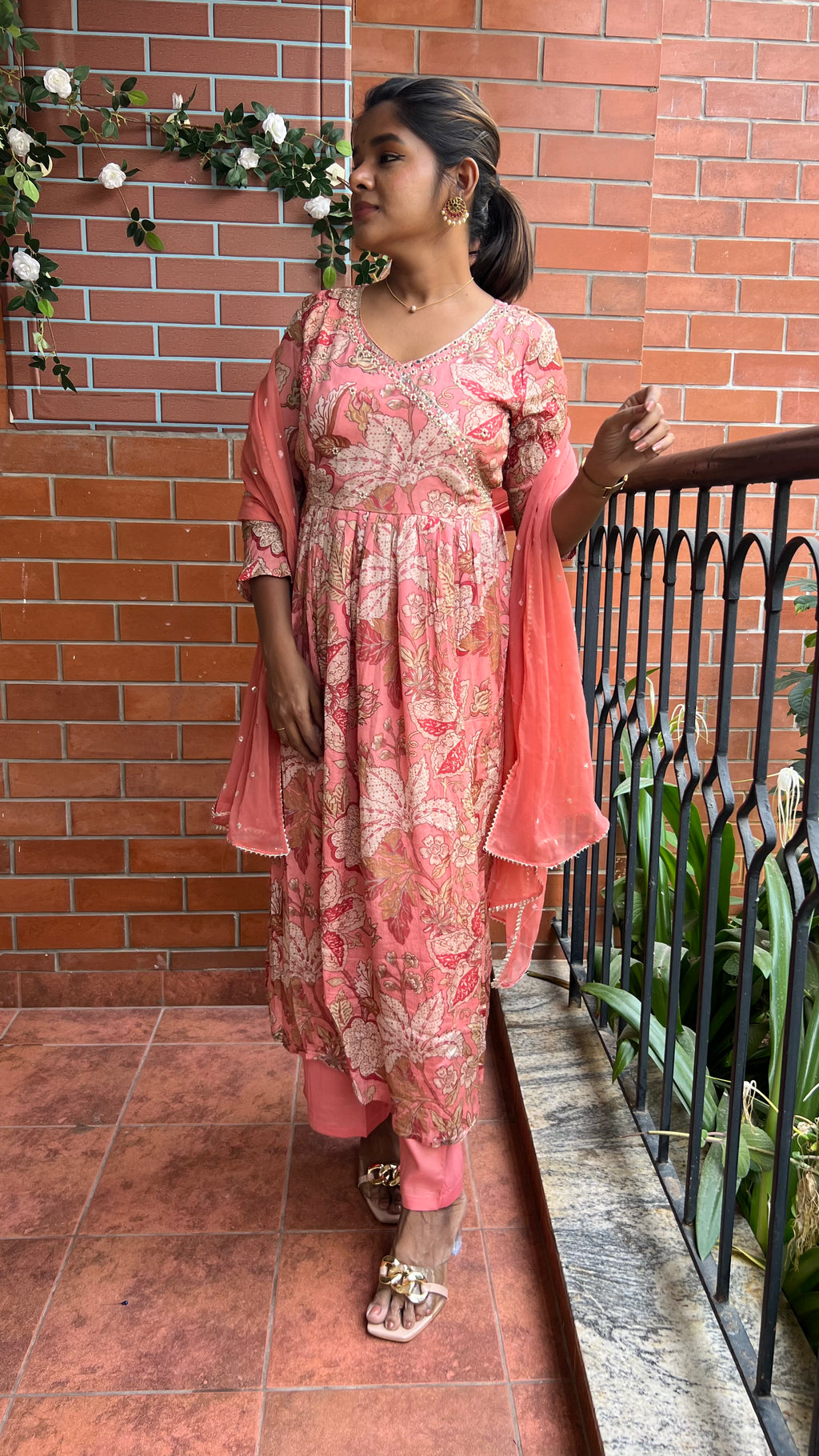 Peach Chinnon floral printed 3 piece kurti suit