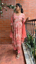 Peach Chinnon floral printed 3 piece kurti suit