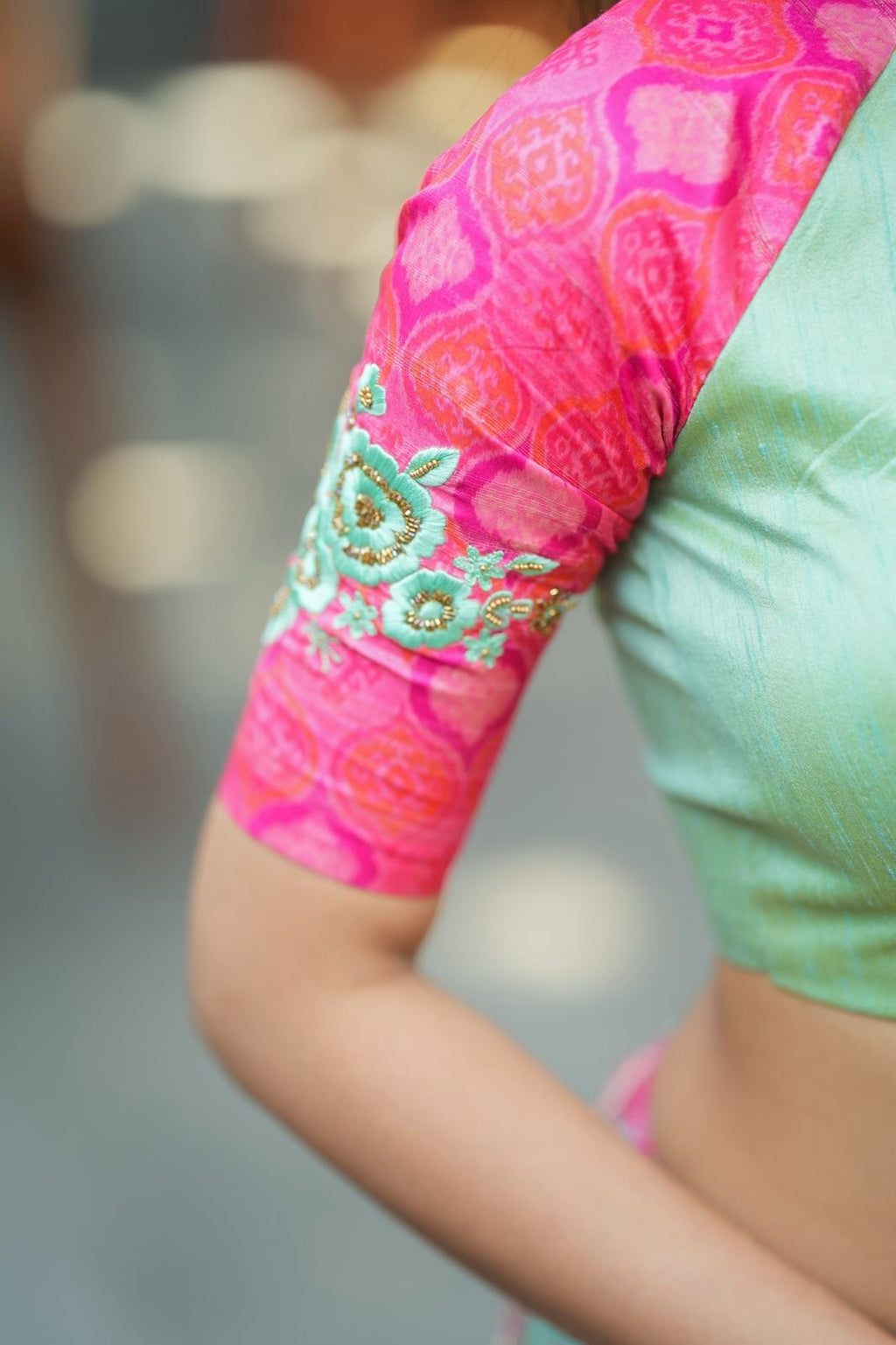 Pista floral organza saree with hand work blouse