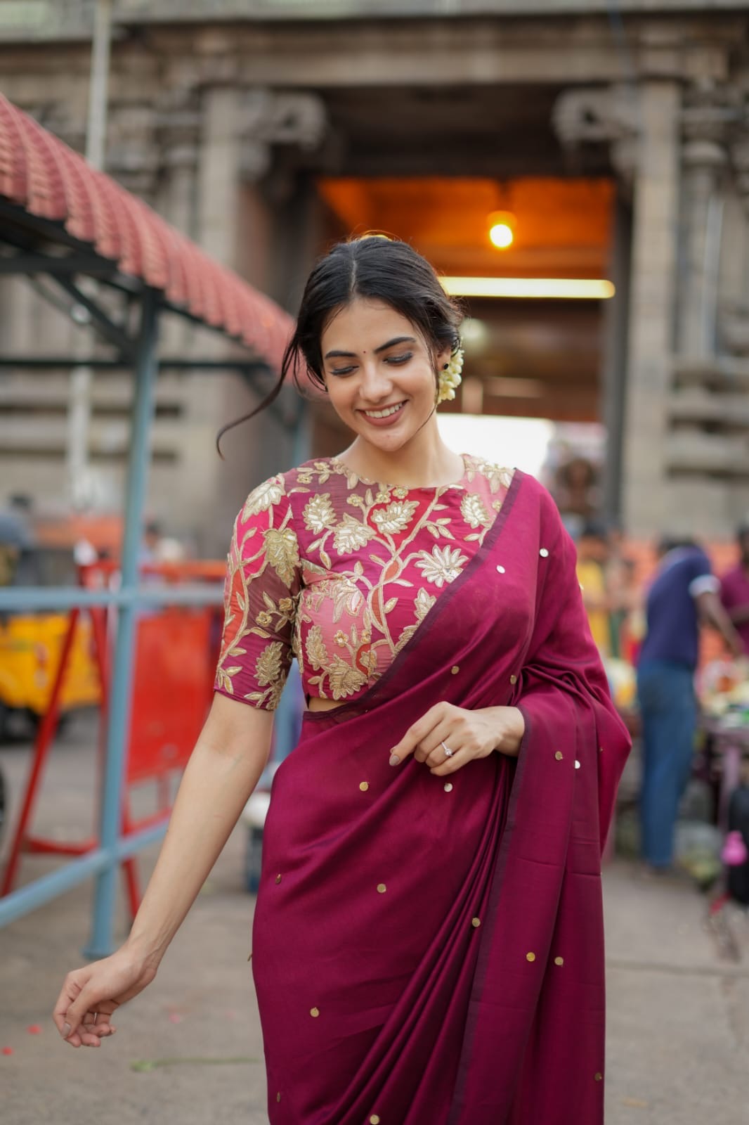 Maroon marble silk saree with embroidery blouse