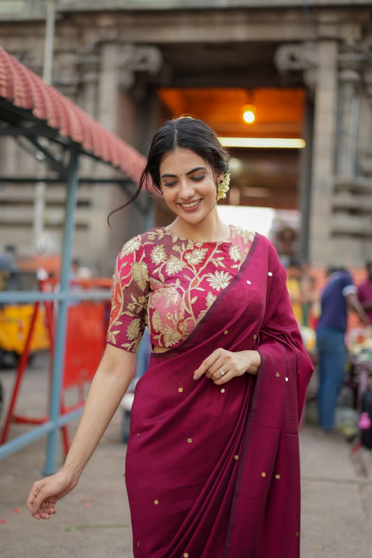 Maroon marble silk saree with embroidery blouse