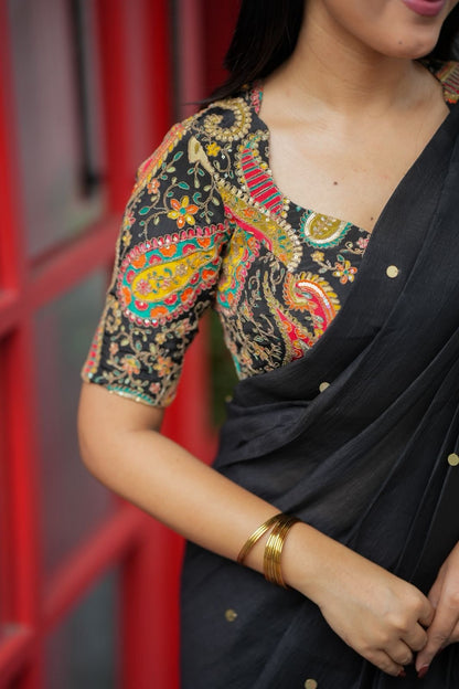 Black malai chanderi saree with heavy embroidery blouse