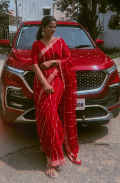 Red lehariya chiffon saree hand work blouse