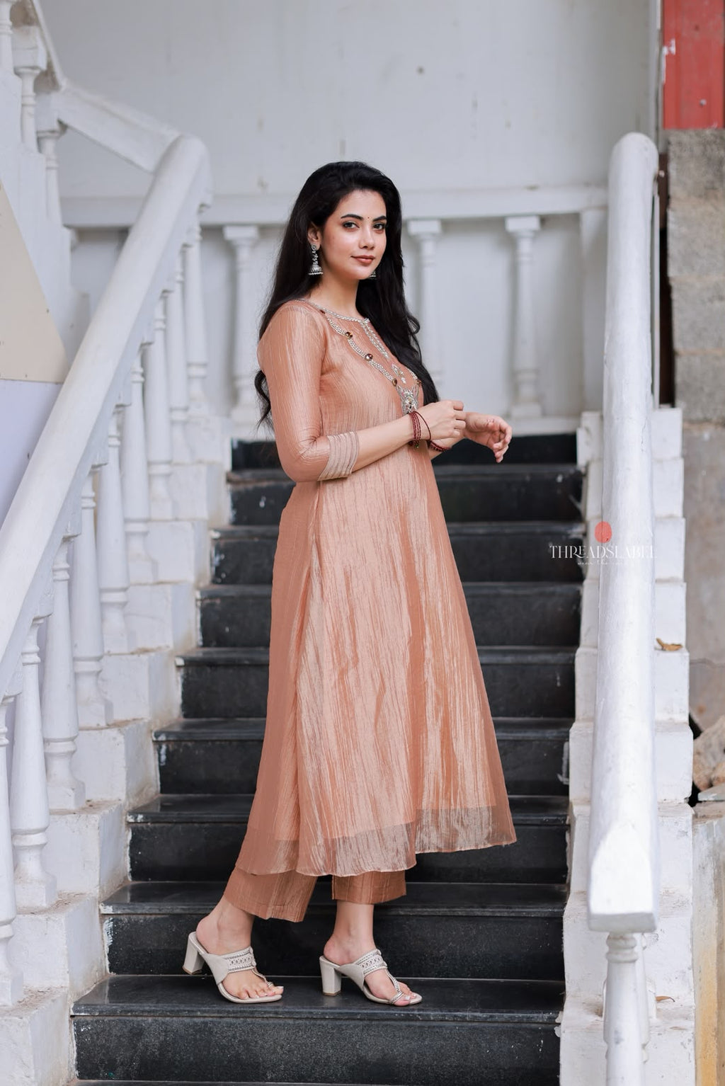Peach tissue JEWEL NECK kurti