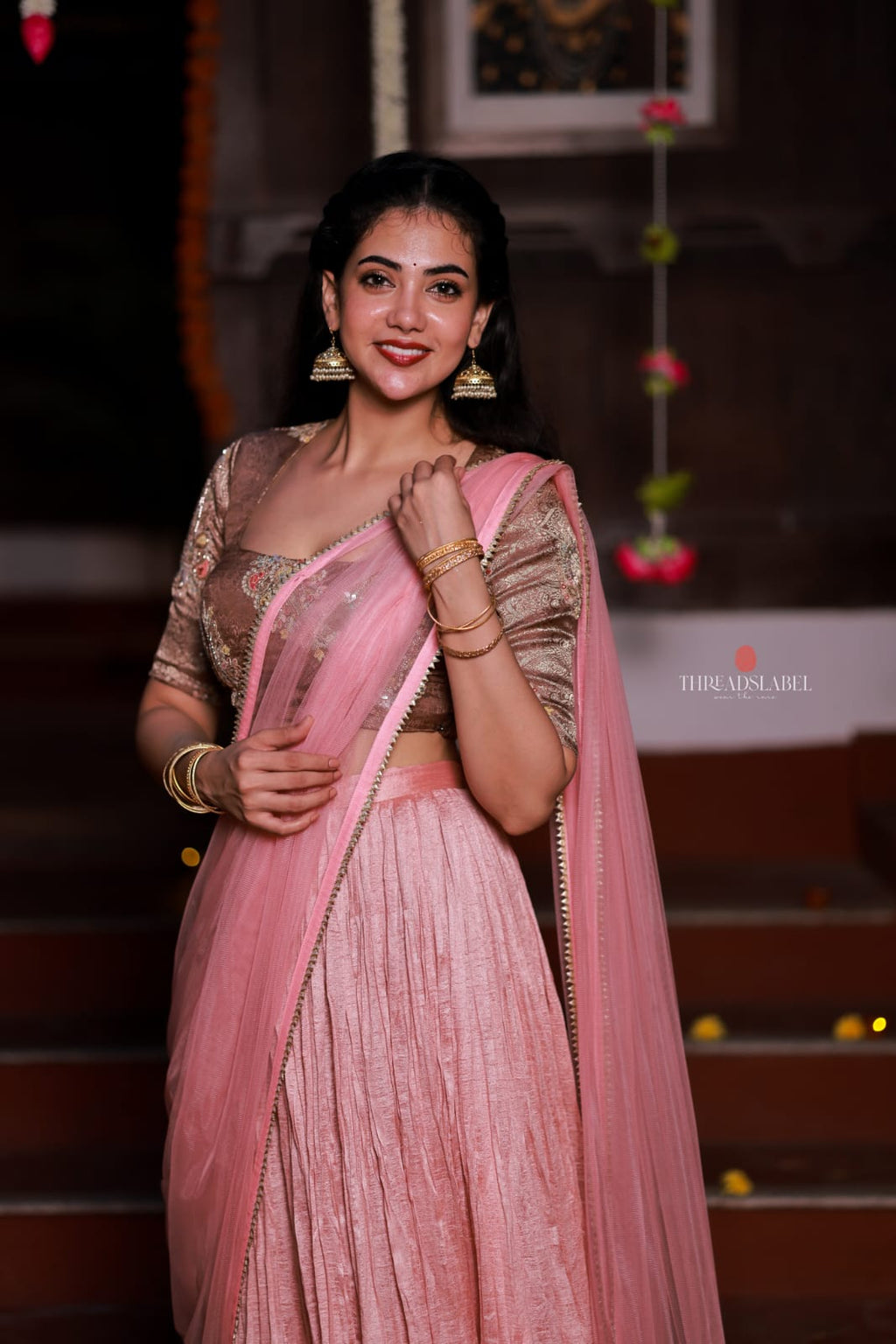 Pink marble silk lehenga with handwork blouse