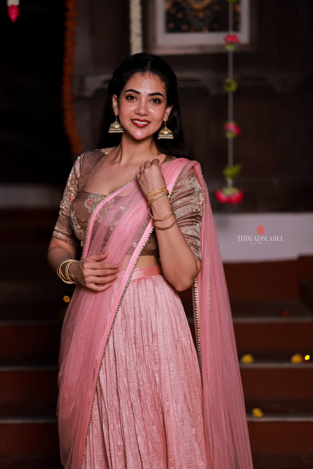Pink marble silk lehenga with handwork blouse