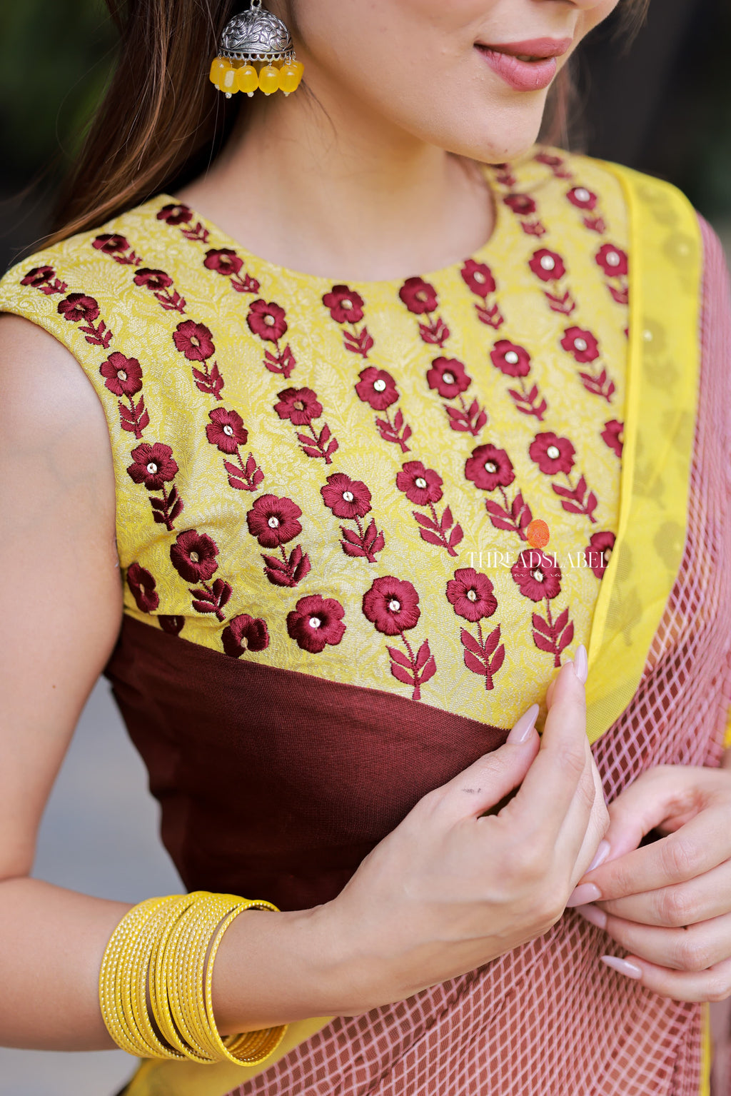 Brown jute saree with banarasi hand work blouse