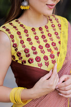 Brown jute saree with banarasi hand work blouse